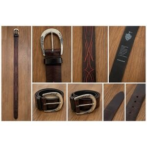 Harley-Davidson Mens Leather Belt 40" Brown Red Pinstripe Horseshoe Buckle VTG